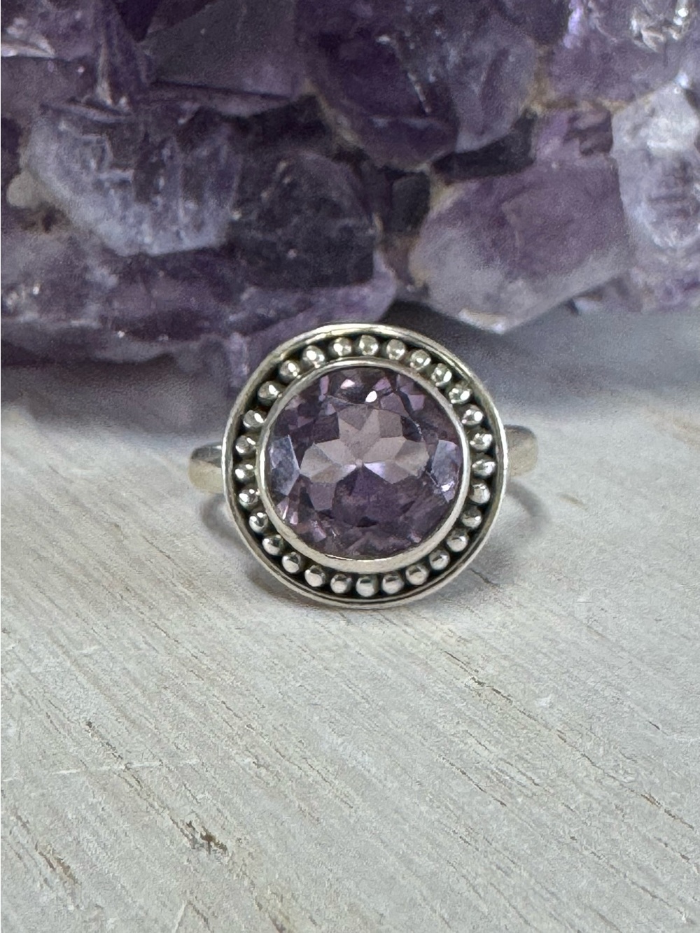 Sterling Silver Round Faceted Amethyst Ring - Purple Gemstone Size 8